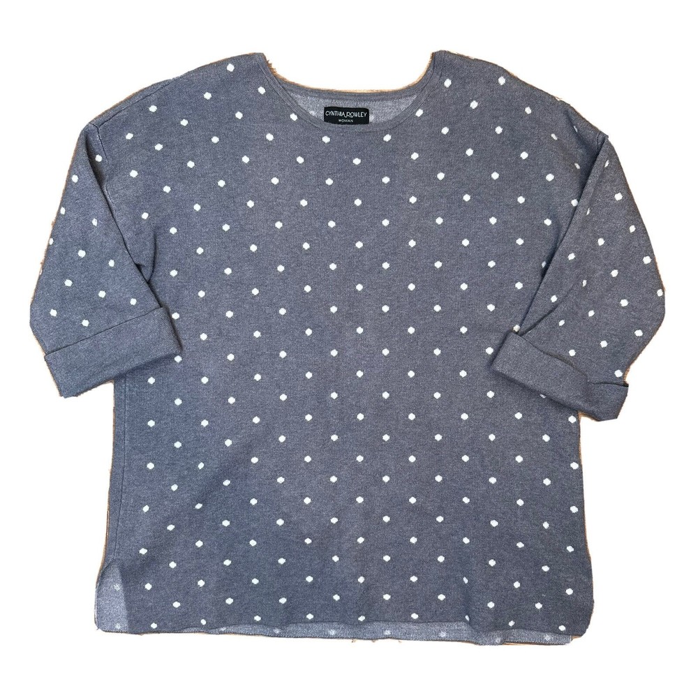 Cynthia Rowley Sweater Top 1X Woman Gray White Polka Dot Cuffed 3/4 Sleeve Plus